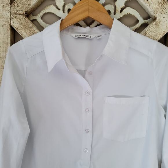 Emily Daniels Women's Small Roll Tab Sleeve Button Collar Flounce Dress in White - Picture 6 of 10